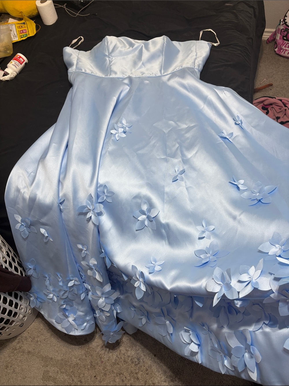 Sherri Hill Light Blue Satin Floral Appliqué Girls' Dress
